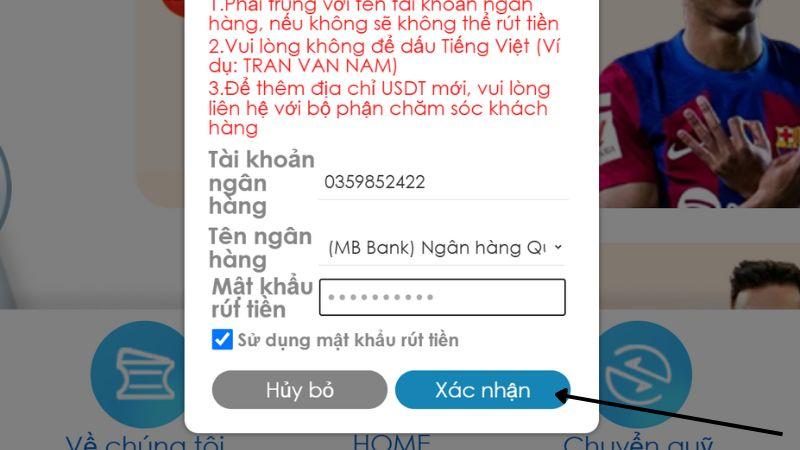 Nhấn “Xác nhận” để hoàn tất quá trình rút tiền Daga99
